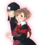  1girl aragaki_shinjirou armband bad_id beanie bow brown_hair couple digital_media_player female_protagonist_(persona_3) grey_eyes hair_ornament hat headphones ipcen persona persona_3 persona_3_portable red_eyes school_uniform short_hair smile trench_coat trenchcoat 