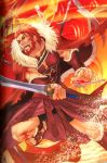  artbook beard blood cape ea_(fate/stay_night) facial_hair fate/stay_night fate/zero fate_(series) gate_of_babylon highres male manly muscle red_hair redhead rider_(fate/zero) sandals solo sword watermark weapon 