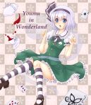  1girl :o blue_eyes card character_name checkered checkered_background cup hair_ribbon kneehighs knees_together_feet_apart konpaku_youmu konpaku_youmu_(ghost) looking_at_viewer mary_janes mitsucho playing_card puffy_short_sleeves puffy_sleeves ribbon saucer shoes short_hair short_sleeves silver_hair skirt skirt_set solo striped striped_legwear teacup teapot touhou 