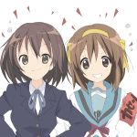  2girls armband brown_eyes brown_hair company_connection core_(mayomayo) cosplay costume_switch crossover grin hair_ribbon hairband hirasawa_yui hirasawa_yui_(cosplay) k-on! kyoto_animation multiple_girls ribbon school_uniform short_hair smile suzumiya_haruhi suzumiya_haruhi_(cosplay) suzumiya_haruhi_no_yuuutsu 