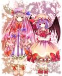  bat_wings bgow bow colored_eyelashes crescent crossed_arms dress hair_bow hat highres jaku_sono long_hair multiple_girls patchouli_knowledge purple_hair red_eyes remilia_scarlet short_hair touhou very_long_hair wings 