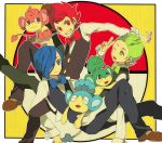  blue_eyes blue_hair corn_(pokemon) dent_(pokemon) green_eyes green_hair hair_over_one_eye ono_(0_no) panpour pansage pansear pod_(pokemon) pokemon pokemon_(game) pokemon_black_and_white pokemon_bw red_eyes red_hair redhead v wink 