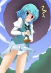  aminosan blue_eyes blue_hair from_below heterochromia panties polka_dot polka_dot_panties red_eyes short_hair skirt_pull solo tatara_kogasa touhou umbrella underwear yoshitani_(aminosan) 