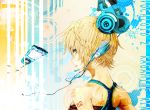  aqua_eyes bad_id bare_shoulders blonde_hair digital_media_player from_behind headphones headset ipod kagamine_rin looking_back short_hair solo vocaloid 