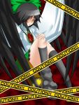  asymmetrical_clothes black_hair bow cape caution_tape engrish hair_bow hair_over_one_eye mismatched_footwear ranchuu ranguage reiuji_utsuho touhou typo weapon wings yellow_eyes 