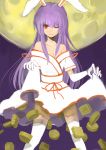  animal_ears breasts bunny_ears cleavage cookie dress dress_lift elbow_gloves food full_moon gloves highres japanese_clothes kimono long_hair moon mooncake off_shoulder purple_hair rabbit_ears red_eyes reisen_udongein_inaba sherrybt smile solo thigh-highs thighhighs touhou very_long_hair white_legwear white_thighhighs wink 
