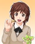  1girl amagami brown_eyes brown_hair cookie feeding food pov_feeding sakurai_rihoko school_uniform solo sweater yuuya_(yu-ya&#039;s) 