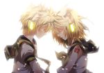  brother_and_sister closed_eyes forehead_to_forehead hair_ornament hair_ribbon hairclip headphones kagamine_len kagamine_rin necktie ribbon short_hair siblings twins vocaloid yyukke 