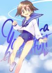  brown_hair hoshino_madoka miyafuji_yoshika sailor sailor_uniform school_swimsuit short_hair strike_witches swimsuit swimsuit_under_clothes 