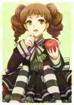  bad_id brown_hair drill_hair food fruit green_eyes holding holding_fruit original pantyhose short_hair solo striped striped_legwear tongue tongue_out twin_drills twintails uka_(color_noise) 