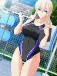  atelier_kaguya blue_eyes breasts brick bricks chainlink_fence clipboard competition_swimsuit fence game_cg grass highleg hoshino_minamo huge_breasts impossible_clothes impossible_clothing impossible_swimsuit kickboard large_breasts long_hair m&amp;m navel one-piece_swimsuit outdoors pool poolside smile solo splash! standing swimsuit thigh_gap thighs whistle 