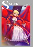  binary blonde_hair breasts cleavage crazy_clover_club dress epaulettes fate/extra fate/stay_night fate_(series) green_eyes hair_ribbon ribbon saber_extra see-through shirotsumekusa sitting smile solo 