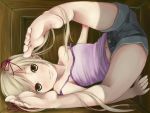  blonde_hair box brown_eyes camisole child dokipara feet girl_in_a_box hair_ribbon in_box in_container legs light_brown_hair midriff navel original ribbon shorts soles solo spread_legs strap_slip yoropa 