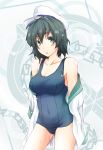  black_hair green_eyes hat kinsenka murasa_minamitsu off_shoulder one-piece_swimsuit sailor_hat school_swimsuit short_hair solo swimsuit swimsuit_under_clothes touhou undressing 