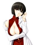  bad_id bangs bare_shoulders black_hair blunt_bangs breast_hold breasts brown_eyes center_opening chinese_clothes cleavage labcoat large_breasts off_shoulder open_clothes original short_hair solo takaoka_aoi 
