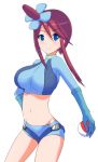  breasts crop_top fuuro_(pokemon) gloves gym_leader hair_ornament holding holding_poke_ball impossible_clothes impossible_shirt large_breasts midriff min0313 navel poke_ball pokemon pokemon_(game) pokemon_black_and_white pokemon_bw red_hair redhead shadow shirt short_shorts shorts 