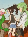  blue_eyes brown_hair closed_eyes denim denim_shorts green_hair hat janoby n_(pokemon) pokemon pokemon_(game) pokemon_black_and_white pokemon_bw ponytail servine shorts snivy touko_(pokemon) yohi 