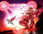  ahoge alternate_weapon braid dress female gloves graf_eisen hammer hand_on_hip hat highres magic_circle mahou_shoujo_lyrical_nanoha mahou_shoujo_lyrical_nanoha_a&#039;s mahou_shoujo_lyrical_nanoha_a's solo sunset twin_braids vita weapon 