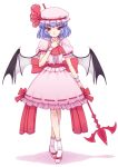  bat_wings blue_hair bow crossed_legs_(standing) hand_on_own_chest hat highres large_bow orebalgum polearm red_eyes remilia_scarlet short_hair simple_background smile solo spear spear_the_gungnir touhou tsurime weapon wings wrist_cuffs 