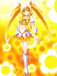  blonde_hair boots cure_sunshine engo_(aquawatery) floral_background hair_ribbon heart heartcatch_precure! long_hair magical_girl midriff myoudouin_itsuki navel orange_dress precure ribbon skirt solo twintails wrist_cuffs yellow yellow_background yellow_eyes 
