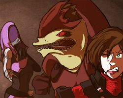  alien brown_hair commander_shepard helmet mass_effect meta_ray_mek tali&#039;zorah_nar_rayya urdnot_wrex 