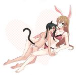  animal_ears ass barefoot blue_eyes bra brown_hair bunny_ears cat_ears charlotte_e_yeager fang feet francesca_lucchini green_eyes green_hair legs lingerie long_hair looking_back multiple_girls panties rabbit_ears smile strike_witches tail twintails underwear zbura 