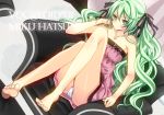  aqua_hair bare_shoulders barefoot chin_rest dress feet hatsune_miku jewelry kureno long_hair necklace panties pantyshot ribbon sitting strapless_dress toes twintails underwear very_long_hair vocaloid 