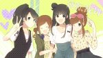  arm_grab ayasato_mayoi bad_id black_hair blue_eyes blue_rose brown_hair closed_eyes flower glasses gyakuten_saiban hair_bun houzuki_akane ichijou_mikumo iyo_(kirakirahoshi) kirakirahoshi multiple_girls nail_polish naruhodou_minuki open_mouth rose sleeves_rolled_up v 