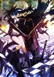  bangs belt bikini_top black_hair black_rock_shooter black_rock_shooter_(character) blue_eyes boots chain checkered checkered_floor coat gloves glowing glowing_eyes highres huge_weapon knee_boots long_hair moon scar shorts sitting solo star sword weapon wyx2 