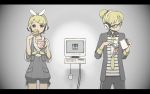   blonde_hair blue_eyes bow computer cup eating food glasses headphones kagamine_len kagamine_rin mouse open_mouth overalls pony_tail ramen steam necktie vocaloid water  