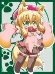  blonde_hair brown_hair collar detached_sleeves dog_ears dog_tail fang green_eyes hat kuroneko_liger multicolored_hair original outstretched_arms payot skirt solo spread_arms tail thigh-highs thighhighs two-tone_hair zettai_ryouiki 
