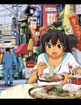  blue_eyes bow breasts casual chopsticks cleavage earrings eating food ganaha_hibiki hair_bow idolmaster jewelry letterboxed long_hair noodles okinawa okinawa_soba open_mouth ponytail ramen refine scenery spoon taco_rice 