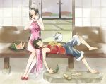  1girl barefoot black_hair blush boa_hancock china_dress chinese_clothes cocotri couple food fruit hands_on_own_face ice_pack katori_buta lap_pillow monkey_d_luffy one_piece sandals sleeping tatami veranda watermelon 