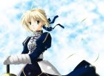  armor artoria_pendragon_(all) blonde_hair excalibur_(fate/stay_night) fate/grand_order fate/stay_night fate_(series) green_eyes hair_ribbon kyono kyouno_(61238344) long_hair ponytail ribbon saber sky solo sword type-moon weapon 