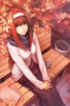  black_skirt book can casual cute dominic green_eyes hairband leaf leaves long_hair long_skirt maple_leaf red_hair redhead ribbon scarf seat sitting skirt solo tohno_akiha toono_akiha trash tree tsukihime vermillion_akiha white_jacket 