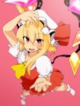  bad_id blonde_hair blurry depth_of_field fangs flandre_scarlet foreshortening from_above hat hat_ribbon hyudora red_eyes ribbon side_ponytail solo touhou wings 