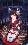  7t absurdres animal_ear_fluff animal_ears arms_behind_back azur_lane ball_gag bdsm black_hair bondage bound bound_arms breasts cage cat_ears cat_girl cat_tail chinese_commentary collarbone commentary_request cushion dutch_angle from_above full_body gag highres in_cage japanese_clothes kimono kneeling large_breasts looking_at_viewer looking_up mask mask_on_head obi obijime petals plant red_eyes red_rope rope sash seiza shibari short_hair short_kimono sideboob sitting sleeveless sleeveless_kimono tail thick_eyebrows thigh-highs thorns vines white_legwear yamashiro_(azur_lane) 