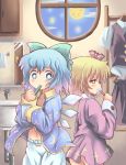  ass bare_ass blonde_hair bloomers blue_eyes blue_hair bottomless bow brushing_teeth child cirno hair_bow hair_ribbon hakkotsu_shitai multiple_girls navel no_panties open_clothes open_shirt pajamas red_eyes ribbon rumia shirt short_hair touhou wings 