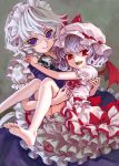  acrylic_paint_(medium) ama-tou barefoot bat_wings blue_eyes braid carrying faux_traditional_media feet frills gathers hat highres izayoi_sakuya lavender_hair looking_at_viewer maid maid_headdress multiple_girls open_mouth princess_carry red_eyes remilia_scarlet short_hair silver_hair smile soles toes touhou traditional_media twin_braids wings 
