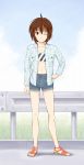  brown_hair denim denim_shorts mamoru_(sister_princess) mizugame open_toe_shoes short_hair shorts sister_princess sports_bra wink 