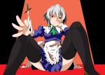  izayoi_sakuya kanoe knife maid maid_headdress red_eyes short_hair silver_hair sitting thigh-highs thighhighs touhou twin_braids 