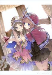  2girls absurdres atelier_(series) atelier_totori black_hair brown_dress brown_hair dress feathers flask hat highres kishida_mel multiple_girls open_mouth pleated_skirt rororina_fryxell skirt totooria_helmold 