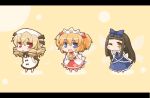  black_hair blonde_hair blue_eyes blush bow brown_eyes chestnut_mouth chibi drill_hair fang hair_ribbon hat headdress hime_cut long_hair luna_child multiple_girls nekoyama orange_hair pigtails red_eyes ribbon short_hair skin_fang star_sapphire sunny_milk touhou twintails wings wink 