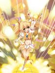  blonde_hair boots cure_sunshine dress hair_ribbon heart heartcatch_precure! highres instrument long_hair magical_girl midriff myoudouin_itsuki nasudora navel open_mouth precure ribbon shiny_tambourine skirt solo tambourine twintails yellow yellow_background yellow_dress yellow_eyes 
