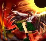  bow breasts brown_hair cape dress hair_bow large_breasts lava long_hair red_eyes reiuji_utsuho rikkunia rock smile solo sun touhou wings 