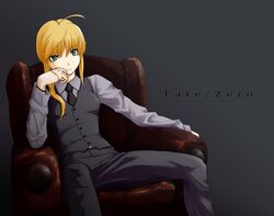  artist_request fate/stay_night fate/zero fate_(series) formal green_eyes hand_on_own_cheek hand_on_own_face manjusyage necktie pant_suit saber short_hair sitting suit waistcoat 