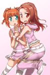  brown_eyes brown_hair highres hug idolmaster idolmaster_2 long_hair minase_iori striped striped_legwear striped_thighhighs takatsuki_yayoi thigh-highs thighhighs ttomm twintails 