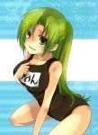  green_eyes green_hair hand_on_chest hand_on_own_chest hibiki_mio higurashi_no_naku_koro_ni long_hair one-piece_swimsuit ponytail school_swimsuit solo sonozaki_mion swimsuit 