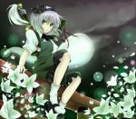  flower ghost green_eyes grey_hair hair_ribbon hairband konpaku_youmu konpaku_youmu_(ghost) mary_janes myon night petals ribbon rikkunia shoes short_hair silver_hair sitting solo sword touhou weapon 