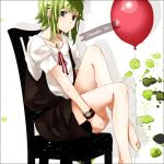  balloon barefoot between_toes earrings feet foot_hold green_eyes green_hair gumi hair_ornament hairclip hatsuko jewelry just_be_friends_(vocaloid) nail_polish solo vocaloid watch wristwatch 